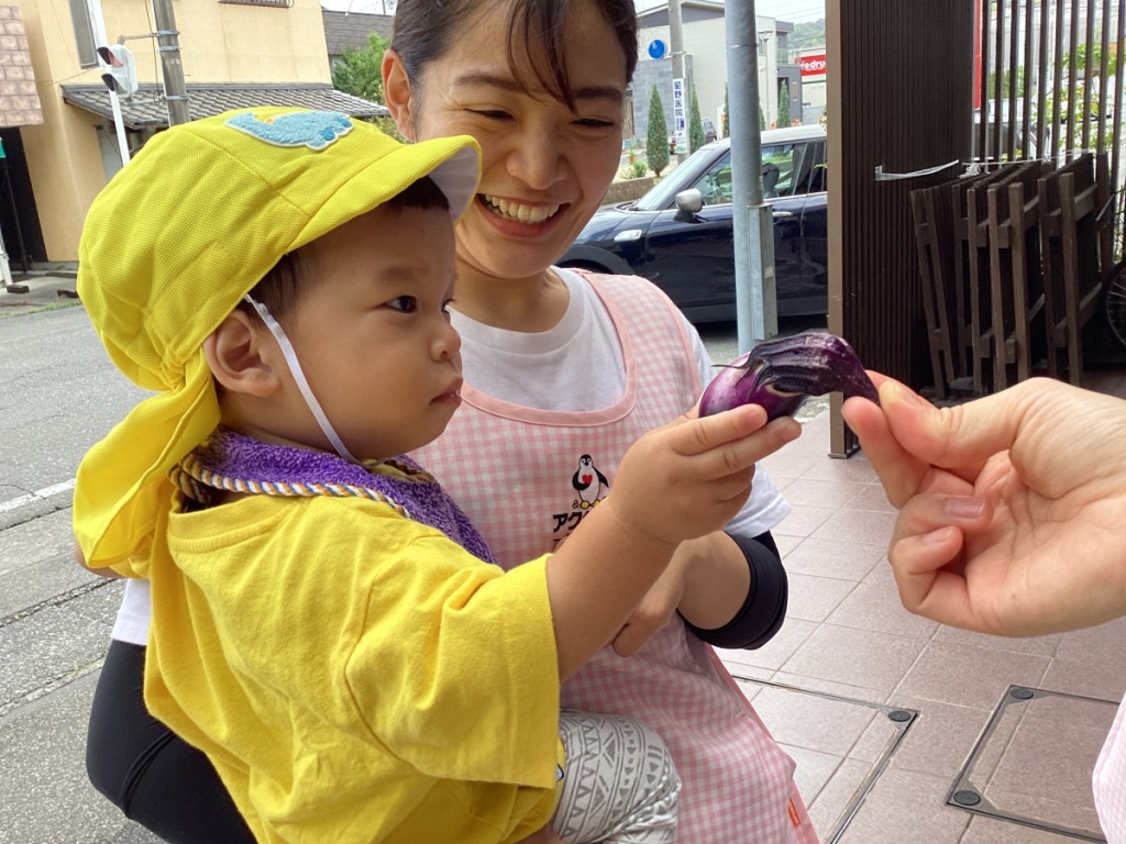 とれたて野菜を手に取る園児
