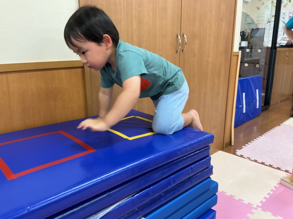 8月運動プログラムの様子(くじら組・10段マット上り下り)
